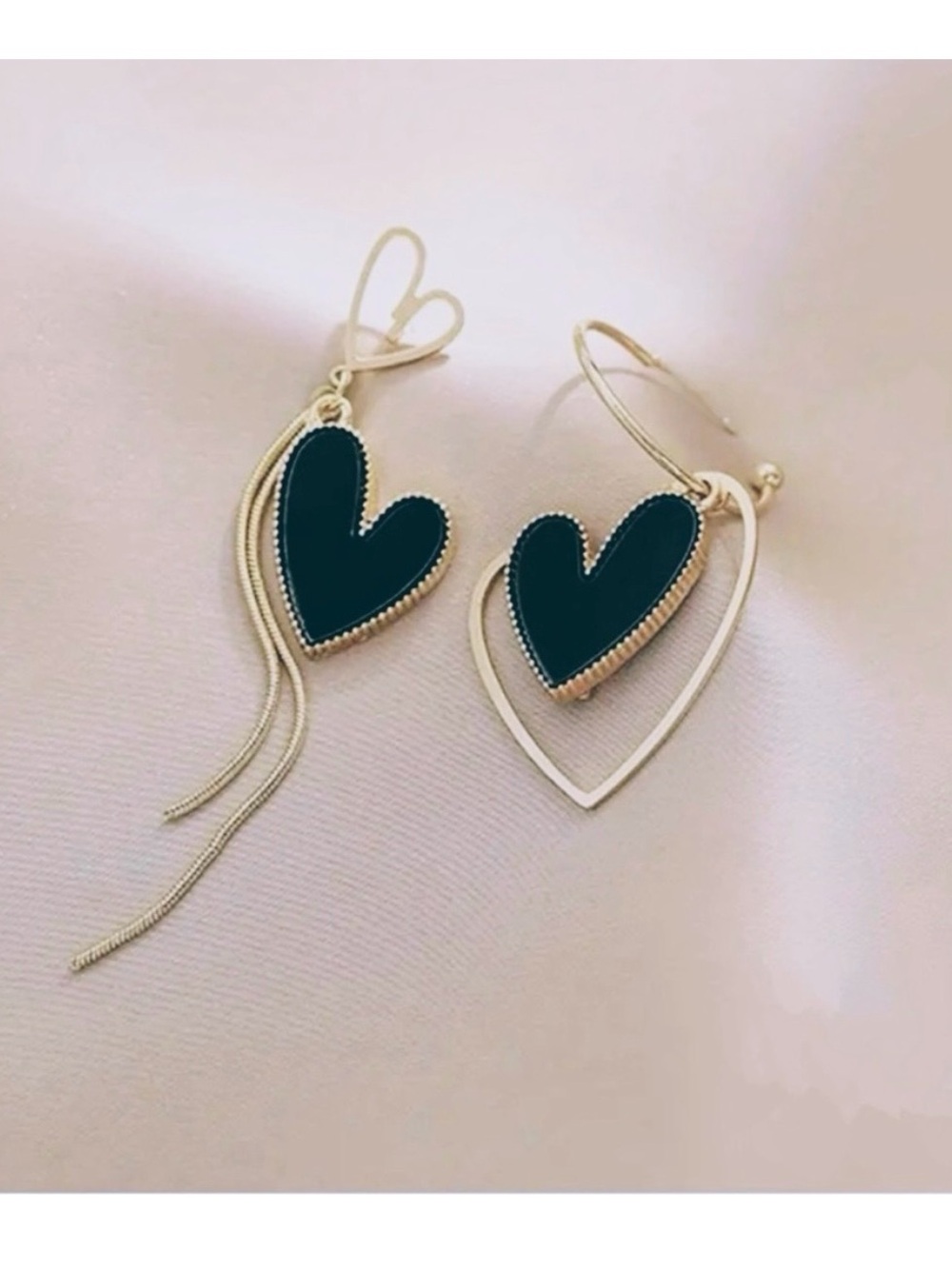Gold Asymmetrical Navy Heart Drop Earrings